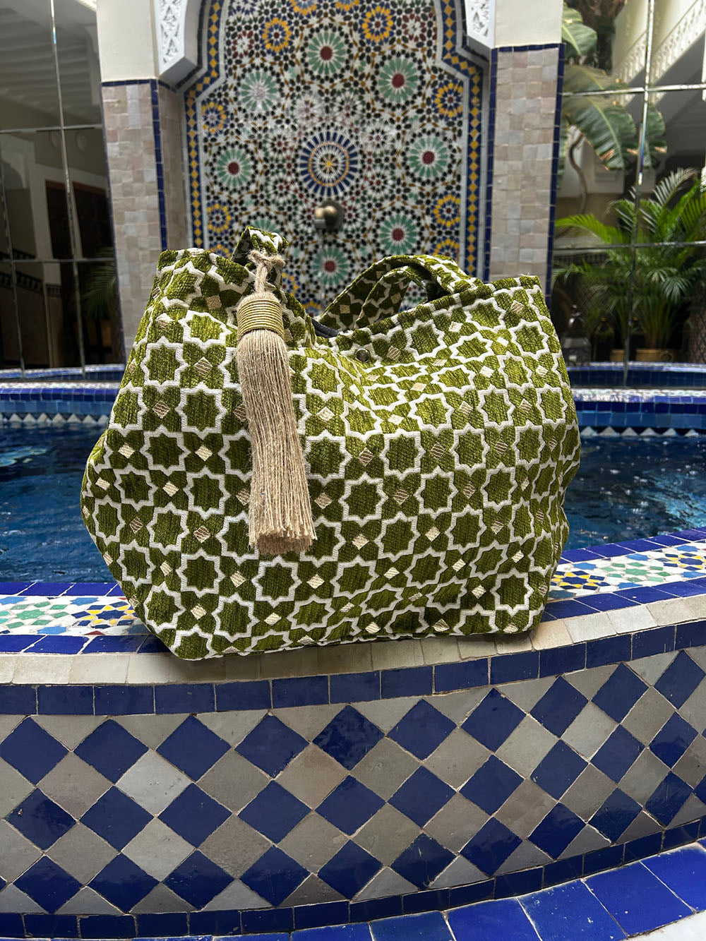 Green Velvet Tassel Tote Bag