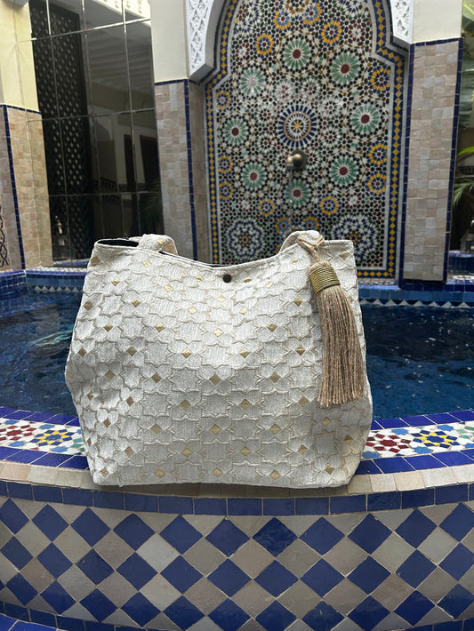 Cream Velvet Tassel Tote Bag