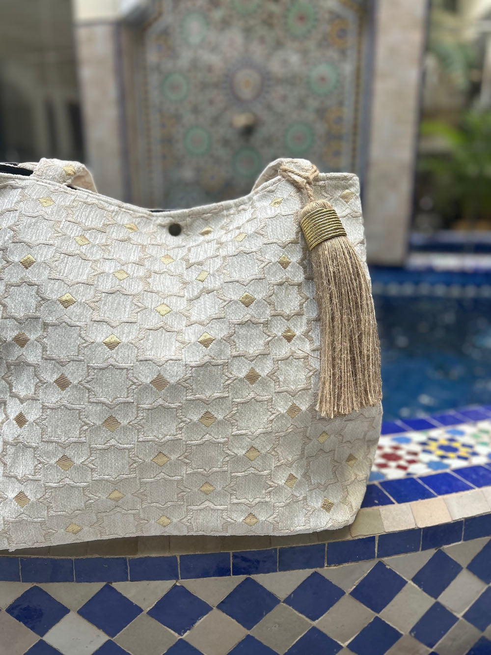 Cream Velvet Tassel Tote Bag